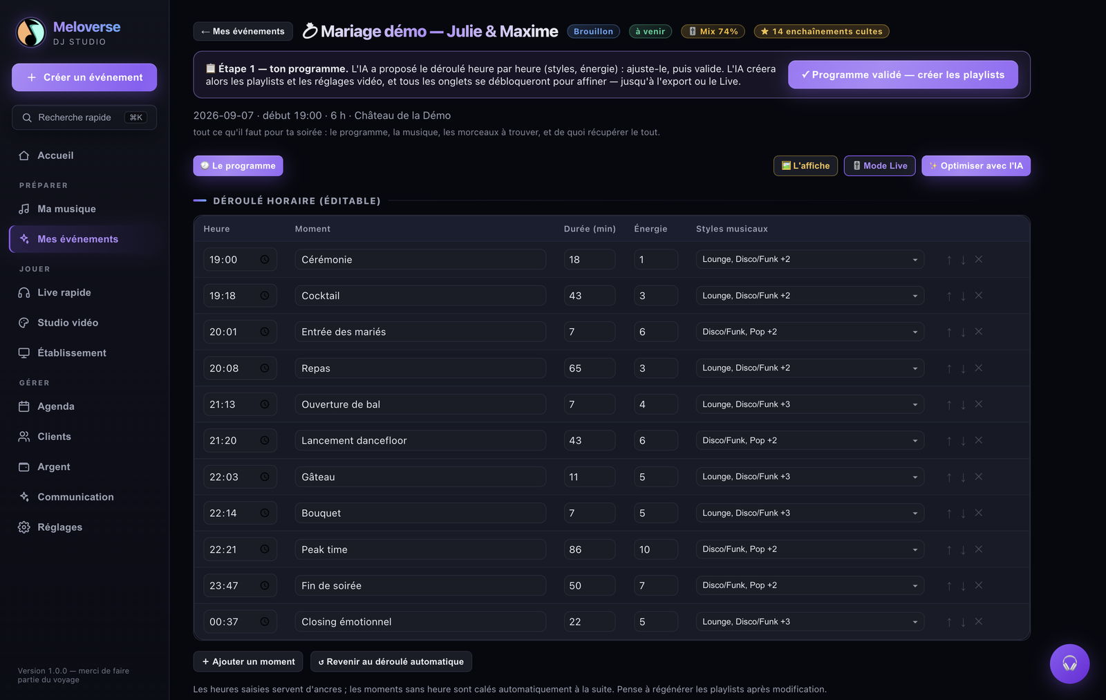 Le programme de la soirée dans Meloverse DJ Studio : déroulé heure par heure d’un mariage, avec la durée, le niveau d’énergie et les styles musicaux de chaque moment